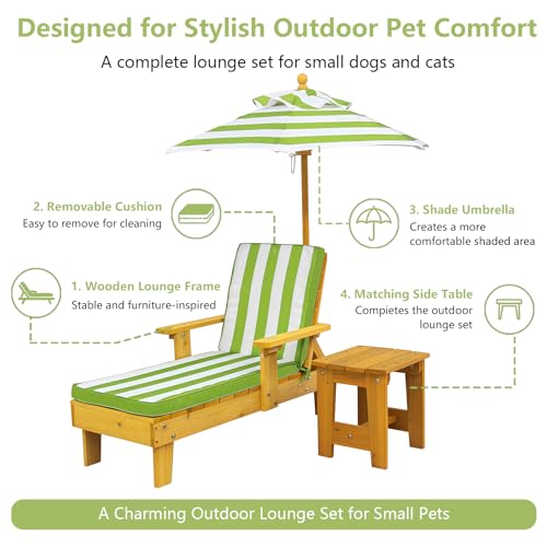 Dog Lounge Chair with Umbrella, Outdoor Elevated Dog Bed with Canopy and Removable Cushion, Pet Lounger with Side Table, Outdoor Dog Furniture for Backyard, Patio, Pool and Beach (Green)
