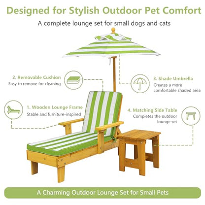Dog Lounge Chair with Umbrella, Outdoor Elevated Dog Bed with Canopy and Removable Cushion, Pet Lounger with Side Table, Outdoor Dog Furniture for Backyard, Patio, Pool and Beach (Green)