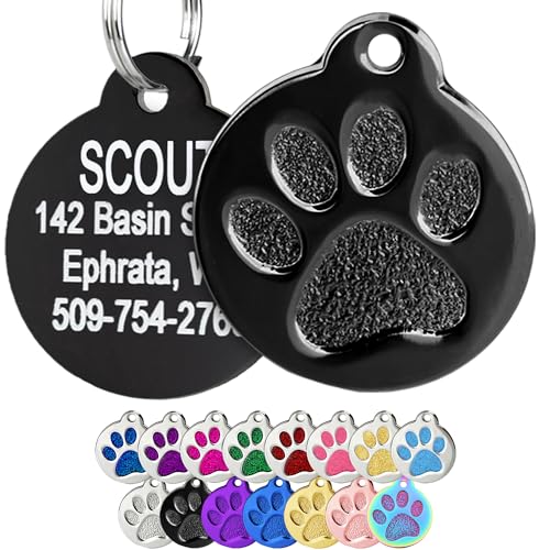 GoTags Paw Print Round Stainless Steel Pet Tag for Dogs and Cats, Personalized with 4 Lines of Custom Engraved ID Name and Number, in Stainless Steel and 15 Colors Small and Large, Black - color: Solid Black, size: Small w/o Silencer