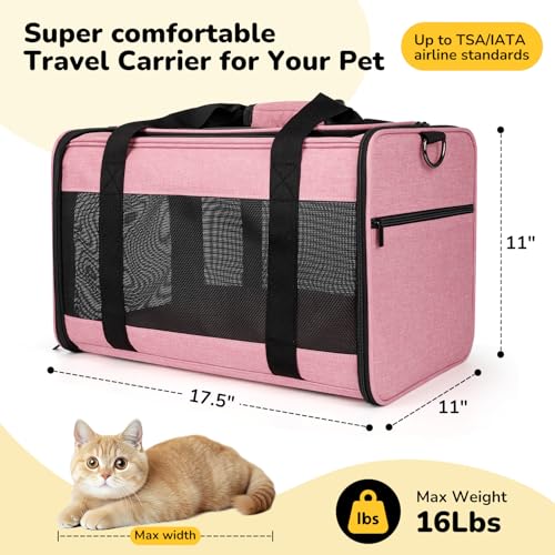 Hipubby Cat Carrier Dog Carrier for Pets Up to 16 Lbs, Soft-Sided Pet Travel Carrier for Cats and Small Dogs, Airline Approved Pet Carrying Case with Shoulder Strap & Removable Mat - Pink - color: Pink