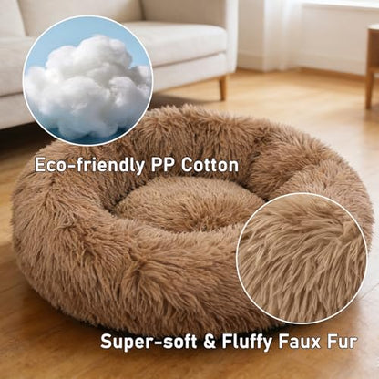 Calming Donut Dog Beds for Small Dogs Cats - Washable Removable Cover Non-Slip Bottom, Round Pet Bed Puppy Bed Warming Fluffy Faux Fur Anti-Anxiety, Fits up to 25 lbs (Camel, 23") - color: Camel, size: 23"L x 23"W x 8"Th