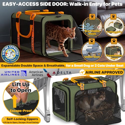PAWZIDEA Expandable Pet Carrier with Wheels, 18"x11"x11" TSA Airline Approved Cat Carrier for 2 Cats Under Seat, Collapsible Soft-Sided Small Dog Rolling Travel Bag with Telescopic Handle, Up to 18lbs - color: Dark Green-Wheels