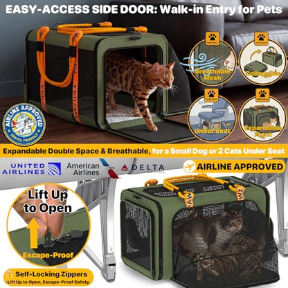 PAWZIDEA Expandable Pet Carrier with Wheels, 18"x11"x11" TSA Airline Approved Cat Carrier for 2 Cats Under Seat, Collapsible Soft-Sided Small Dog Rolling Travel Bag with Telescopic Handle, Up to 18lbs - color: Dark Green-Wheels