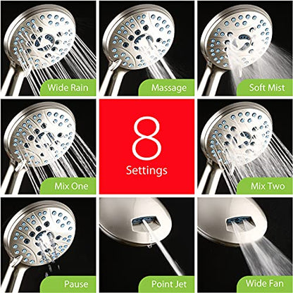 Hotel Spa AquaCare As-Seen-On-TV High Pressure Handheld/Rain 50-mode 3-way Shower Head Combo with Adjustable Arm - Anti-clog Nozzles, Tub & Pet Power Wash, 6 ft. Stainless Steel Hose, Nickel Finish - color: Satin Nickel, style: 2.5 Gallons Per Minute