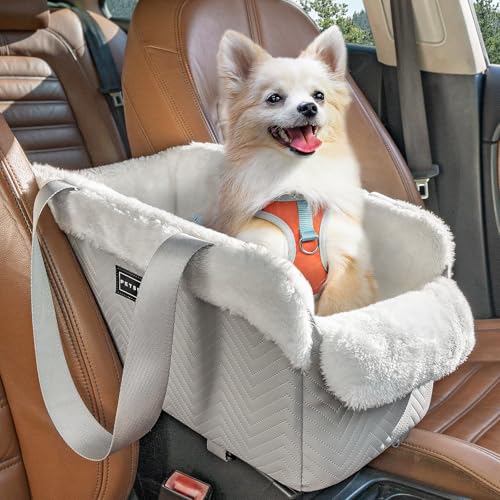 PETSFIT Console Dog Car Seat, Portable Small Dog Car Seat with Safe Protective Hooks, Luxury Dog Carseat Includes Safety Leash and Storage Pocket for Pets Up to 9 lbs (Grey) - color: Grey