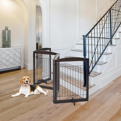 Yaheetech 32" Tall Freestanding Dog Gate, Extra Wide Pet Fence, Foldable Wire & Wooden Puppy Safety Barrier with Support Feet for House Doorway Stairs(Espresso,4 Panels)