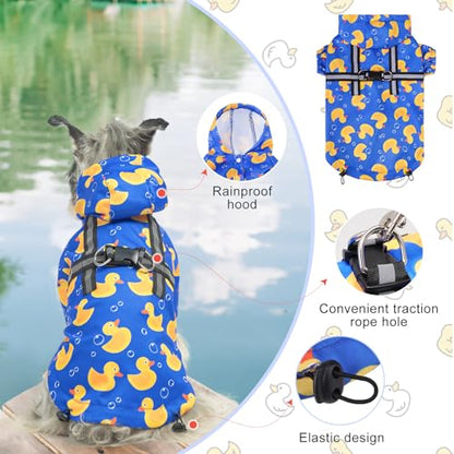 BEAUTYZOO Dog Raincoat Hooded with Harness Built-in, Waterproof Jacket Poncho for Small, Medium, Large Dogs, Girls and Boys, Yellow Duck, Winter Rainy Snowy Days - color: Duck Blue, size: M(Back 15", Chest 22.5", Neck 16")
