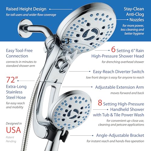 Hotel Spa AquaCare for California As-Seen-On-TV High Pressure Handheld Rain 50-mode 3-way Shower Head Combo with Adjustable Arm, Anti-clog Jets, Tub & Pet Power Wash, 6 ft. Stainless Steel Hose - color: All-Chrome, style: 1.8 Gallons Per Minute