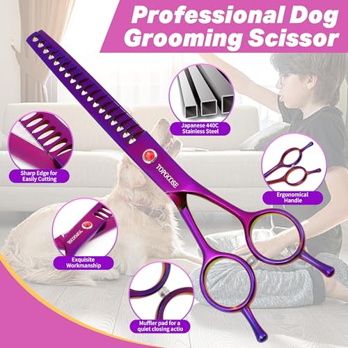7.5" Dog Grooming Scissor - Professional Thinning Chunker Shear with 18 Teeth Japanese Stainless Steel Hair Scissors for Dogs, Cats and Other Pets (Chunker, Purple) - color: Purple