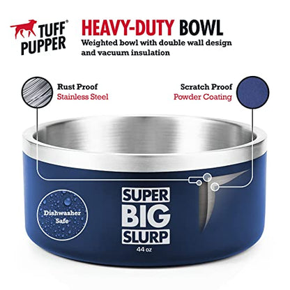 Tuff Pupper Heavy Duty Insulated Dog Bowl | Double Wall Stainless Steel Dog Food Dish | Non-Slip Spill Proof Dishwasher Safe Cat Bowl | Water Dish for Feeding Large Medium Small Pets (44oz, Blue) - color: Midnight Blue, size: 44oz