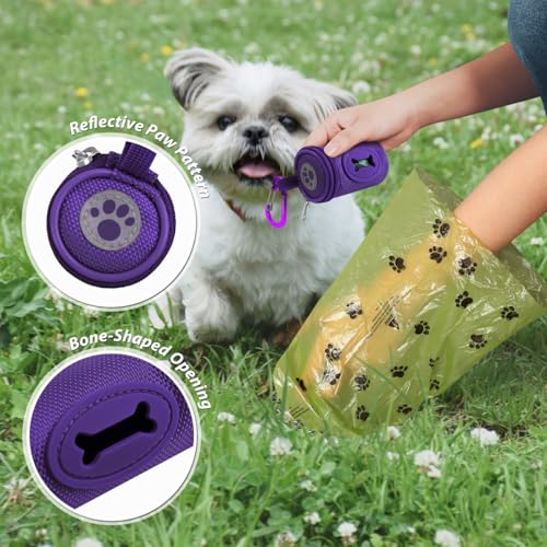 FURHAB Dog Poop Bag Holder for Leash Doggie Waste Bag Dispenser Soft Fabric Puppy Potty Carrier Small Doggy Zipper Pouch with Carabiner Clip 1680D Nylon Oxford with 1 Roll of Pet Trash Bags, Purple - color: Purple
