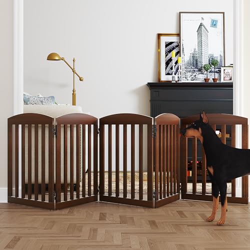 SPIRICH 120" Extra Wide 28" Tall Dog Gate Indoor, Dog Gates for Doorways, Stairs, The House, Wooden Freestanding Foldable Pet Gate, Step Over Puppy Safety Fence, 5 Panels, Brown - color: Warm Pecan, size: [5 Panels]120"W x 28"H