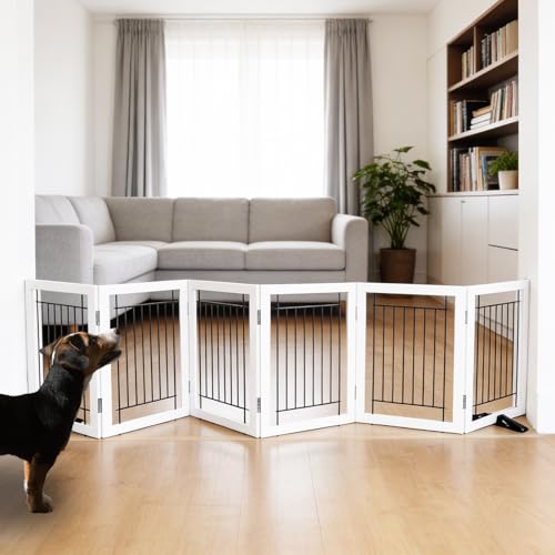 Dog Fence Indoor - 6-Panel Freestanding Dog Gate for Doorways, Hallways, House or Stairs -120x24-Inch Retractable Foldable Expandable Wood Pet by SFJC (White) - color: White, size: 【6 Panels】120''w X 24''h
