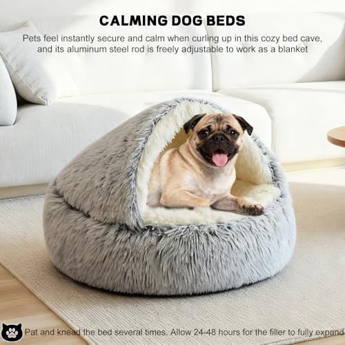YUDANSI Calming Small Dog Bed & Indoor Cat Bed - Plush Fluffy Hooded Cave Nest, Anti-Slip Self-Warming, Washable Built-in No-Collapsing Support (Grey-65cm/26in) - color: Non-removable-65cm