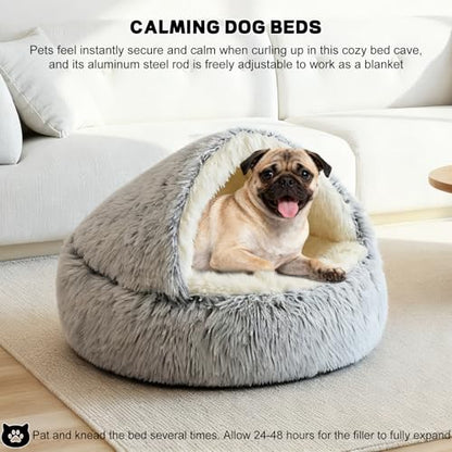 YUDANSI Calming Small Dog Bed & Indoor Cat Bed - Plush Fluffy Hooded Cave Nest, Anti-Slip Self-Warming, Washable Built-in No-Collapsing Support (Grey-65cm/26in) - color: Non-removable-65cm