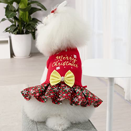 CuteBone Christmas Dog Sweater Dress Turtleneck Puppy Sweater with Bowtie Leash Hole Pullover Winter Dress for Small Dogs - color: Merry Christmas 1, size: X-Small