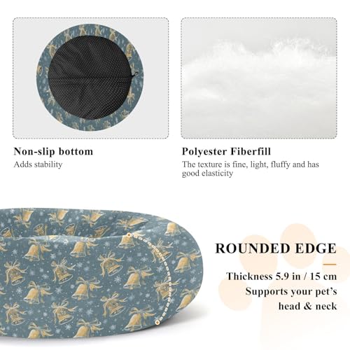 Calming Donut Dog Bed Santa Golden Bells Blue Design, 22" Washable Pet Lounger with Removable Cover, Cozy Cushion Comfort Nest for Medium Dogs - size: Medium