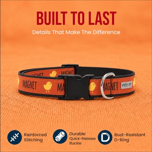 THE WORTHY DOG Spring Holiday Chick Magnet Dog Collar – Durable Nylon, Woven Ribbon, Quick-Release Buckle, Nickel D-Ring – Red, Large - color: Chick Magnet - Red, size: Large