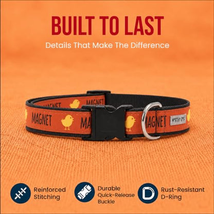 THE WORTHY DOG Spring Holiday Chick Magnet Dog Collar – Durable Nylon, Woven Ribbon, Quick-Release Buckle, Nickel D-Ring – Red, Large - color: Chick Magnet - Red, size: Large