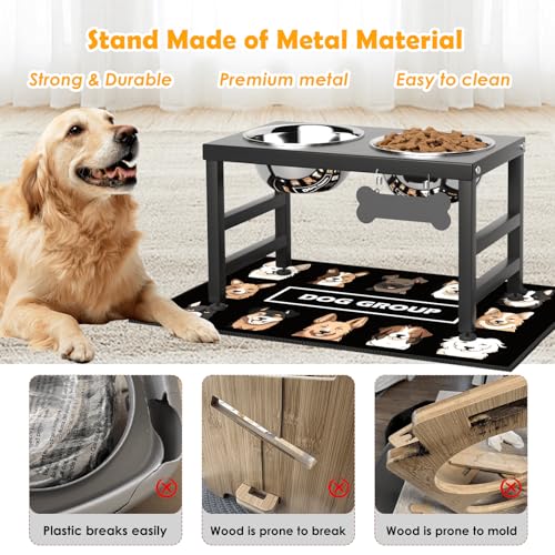 ADENGL 10" Elevated Dog Bowls – Metal Raised Dog Bowl Stand with 2 x 1700ml Stainless Steel Bowls, 1 Slow Feeder & Non-Slip Mat for Dogs - color: Black-L, Slow Feeder, size: Height:10inch