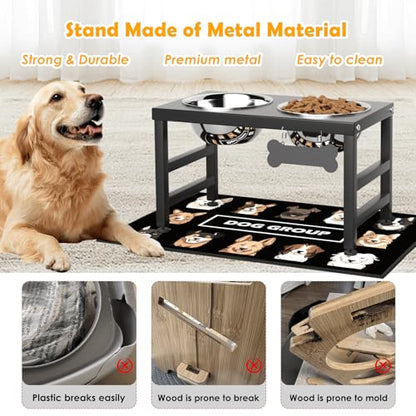 ADENGL 10" Elevated Dog Bowls – Metal Raised Dog Bowl Stand with 2 x 1700ml Stainless Steel Bowls, 1 Slow Feeder & Non-Slip Mat for Dogs - color: Black-L, Slow Feeder, size: Height:10inch