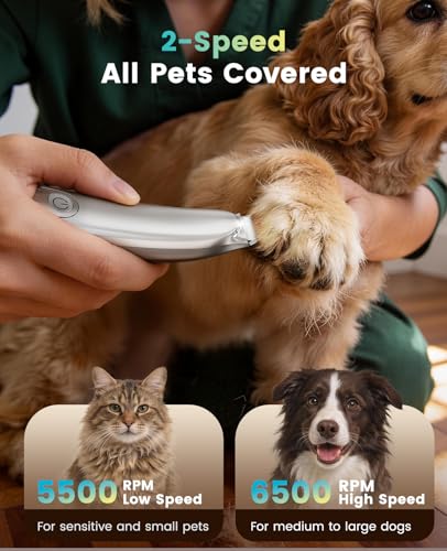oneisall Dog Paw Trimmer with LED Light, 35dB Low Noise Paw Clippers for Dogs & Cats, 2-Speed 6500 RPM Cordless Rechargeable Trimmer with Curved Safety Blade for Between Toes & Sensitive Areas