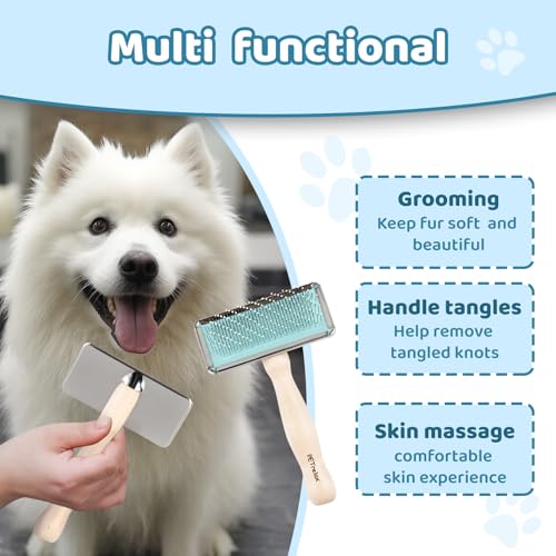 Dog Brush for Long haired Dogs & Cat,Grooming Brush for Shedding, Dematting, Bath, for Short Hair, Poodles, Indoor Cats, pin Brushes for Dog Grooming,Wooden Handle,Wooden Dog Brush