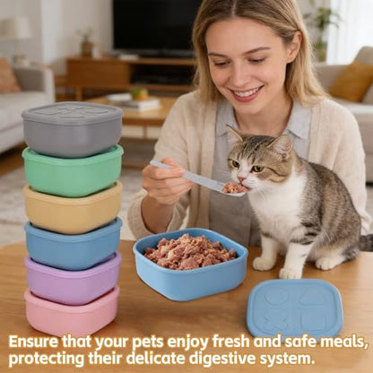 6 Packs Silicone Airtight Pets Food Storage Containers with Lids 12.85ozs Dog Cats Food Storage with 2pcs Steel Scoop Leakproof Meal Prep Kit for Canned Pet Food Storage