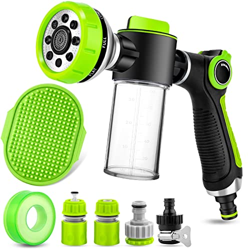 Dog Washing Hose Attachment, 8-in-1 Sprayer Mode Garden Hose Nozzle with Pet Bathing Brush and 100cc Soap Dispenser Bottle, Adopted in Watering Flowers, Car Wash, Dog and Horse Showering (Green) - color: Green