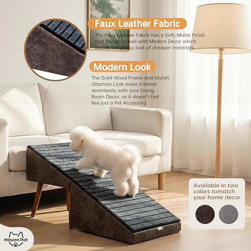 2-in-1 Dog Ramp and Stairs for Bed and Couch, 17 Inch High,Foldable Ottoman Ramp with Non-Slip Replaceable Carpet, Joint Relief for Small and Large Dogs - color: Brown