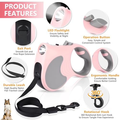 Retractable Dog Leash with Flashlight 16ft Walking Leash for Dogs up to 77lbs, 360° Tangle-Free Nylon Tape Anti-Slip Handle -Pink