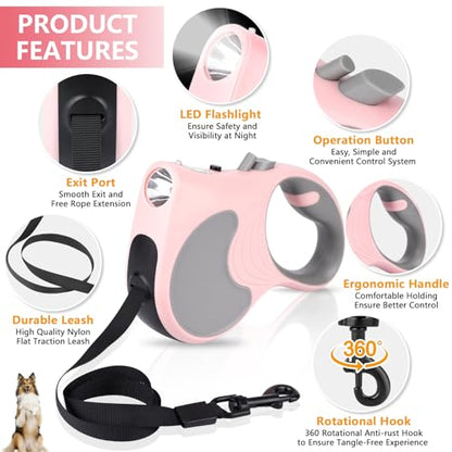 Retractable Dog Leash with Flashlight 16ft Walking Leash for Dogs up to 77lbs, 360° Tangle-Free Nylon Tape Anti-Slip Handle -Pink