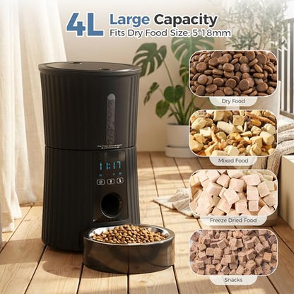 DUMOS Automatic Cat Feeder, 4L Timed Cat Food Dispenser with APP Control, 10s Voice Recorder, Dual Power Supply, 2.4G WiFi Indoor Programmable Pet Feeder with Desiccant for Small Cats and Dogs, Black