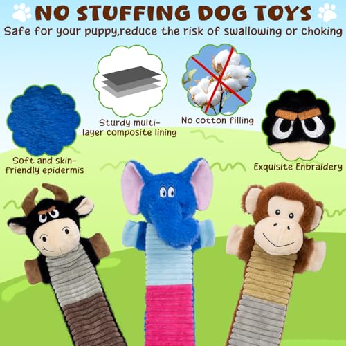 No Stuffing 3 Pack Dog Squeaky Toys,Dog Chew with Crinkle and Squeaker, Cute Animal Plush to Keep Them Busy, Suitable for Large to Small Breeds - color: Blue,balck,khaki