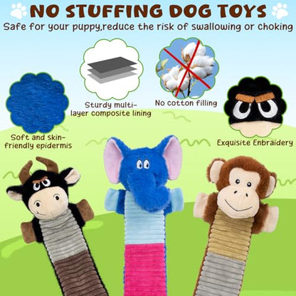 No Stuffing 3 Pack Dog Squeaky Toys,Dog Chew with Crinkle and Squeaker, Cute Animal Plush to Keep Them Busy, Suitable for Large to Small Breeds - color: Blue,balck,khaki