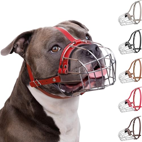 BRONZEDOG Pitbull Dog Muzzle Breathable Metal Basket for Large Dogs Amstaff Staffordshire Terrier Biting Chewing Barking (Leather, Red) - color: Leather, Red
