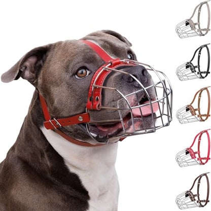 BRONZEDOG Pitbull Dog Muzzle Breathable Metal Basket for Large Dogs Amstaff Staffordshire Terrier Biting Chewing Barking (Leather, Red) - color: Leather, Red