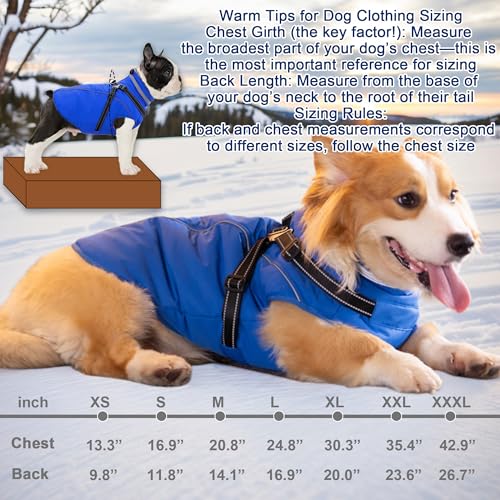 Fragralley Dog Coat with Harness Built in, Waterproof Windproof Reflective Warm Puffer Jacket, Fleece Lined Vest Winter Parka for Small, Medium, Large Dogs - color: Blue, size: Large