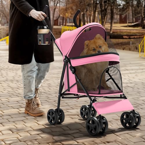 Magshion Compact Pet Stroller for Small-Medium Dogs/Cats up to 22lbs, 4-Wheel Lightweight Umbrella Shaped Portable Puppy Travel Jogger with Breathable Mesh, Cup Holder & Rear Storage, Pink - color: Pink, style: Up to 22 lbs