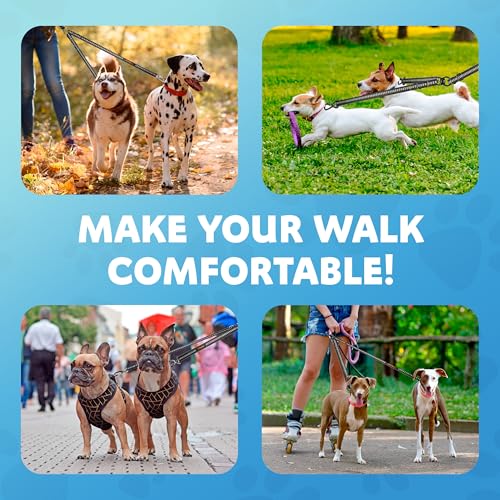 Double Dog Leash – Adjustable Length Long Leash for Dog Training – Dual Reflective Dog Leash with Non-Tangle Design – Heavy Duty Nylon and Metal Buckles – Ideal - color: Black