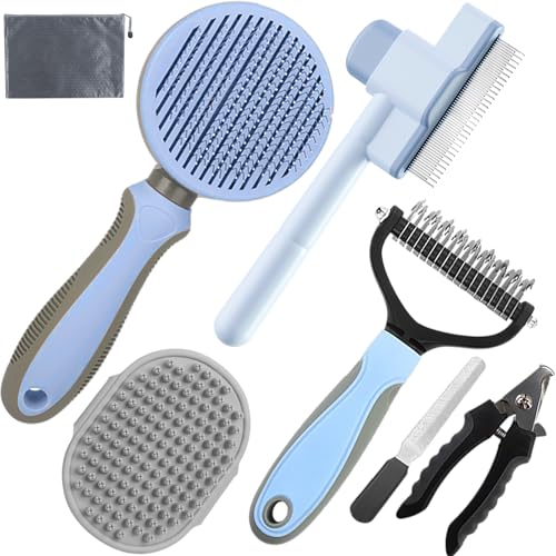 Dog Brush for Shedding,7 PCS Pet Grooming Brush Kit to De-fur & Hair Slicker Deshedding Brushes with Undercoat Rake Comb Bath Brush&Nail Clipper for Grooming Short Long Haired Dogs Cats Blue - color: A-Blue