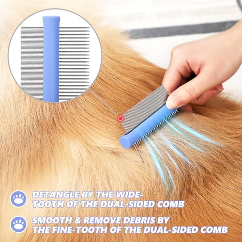 Dematting Comb for Doodles & Poodles, Dual-Sided Comb Tool for Long Curly Haired Dogs, Grooming Brush Kit for Removing Mats and Tangles, Stainless Steel, Beech Wood