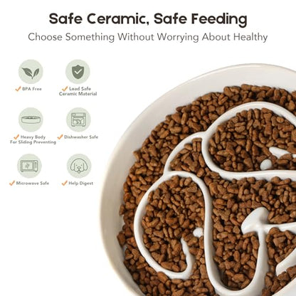 Ceramic Slow Feeder Dog Bowl, Dog Bowls 1.5 Cup Slow Feeding Bowl, Anti -Slip Pet Food Dish for Small and Medium Breed, Puzzle Dog Food Bowl for Fast Eater（White） - color: White