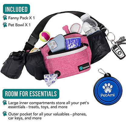PetAmi Dog Fanny Pack, Treat Pouch for Dog Walking, Training, Built in Poop Bag Dispenser, Water Bottle Holder, Collapsible Bowl, Pet Treat Waist Belt for Hiking, Running, Kibbles (Pink) - color: Pink