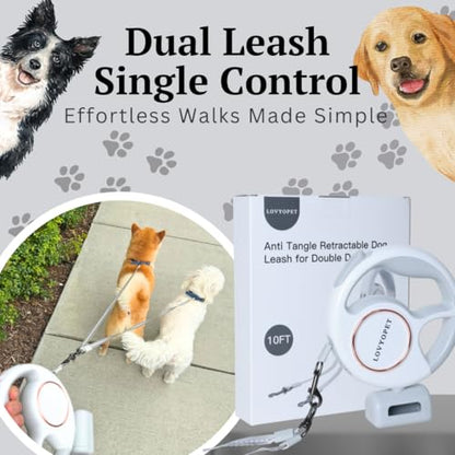 Retractable Two Dog Leash - Leash with LED Light, 360° Tangle-Free Swivel, Durable Stitching, One-Touch Lock, Ergonomic Grip - for Small to Medium (up to 33lb per Dog)