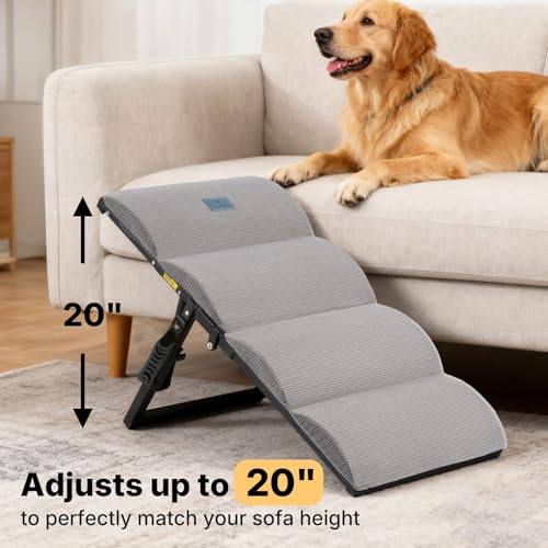 Veehoo Dog Ramp for Bed Couch Height Adjustable from 12" to 20", Foldable Stairs for Dogs to Get on Bed 17" Extra Wide, Portable Pet Doggie Steps Indoor with Non Slip Pad, Support up to 150 lbs - size: 35"L x 17"W x 20"H