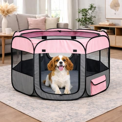 Pet Life All-Terrain Lightweight Wire-Framed Folding Collapsible Pet Playpen, Travel Cat and Dog Playpen, Features Breathable Mesh and Zippered Entrances with Carrying case - color: Pink