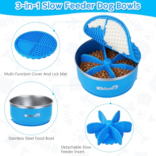 Slow Feeder Insert Bowl - 3 in 1 Stainless Steel Dog Food and Water Bowl 64oz with Lick Mat, Non-Slip Suction Cup Dog Food Bowl Puzzle Maze Slows Down Eating for Dogs Cats
