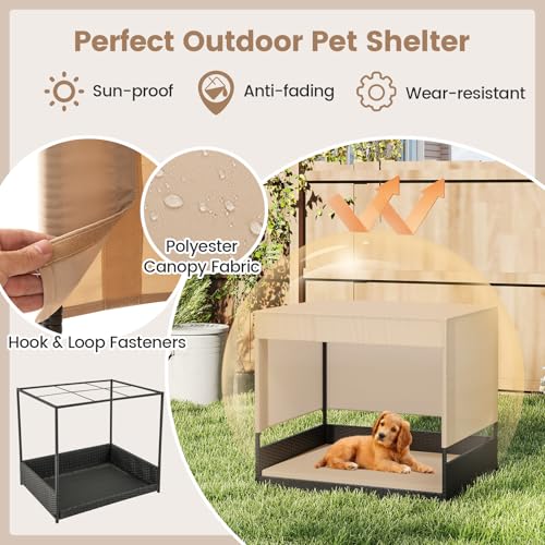 Tangkula Elevated Wicker Dog House for Small to Medium Breeds, Raised Rattan Pet Sofa Bed with Removable Cushion, Canopy Roof, Indoor & Outdoor Puppy Cat Shade Shelter for Patio, Yard, Garden