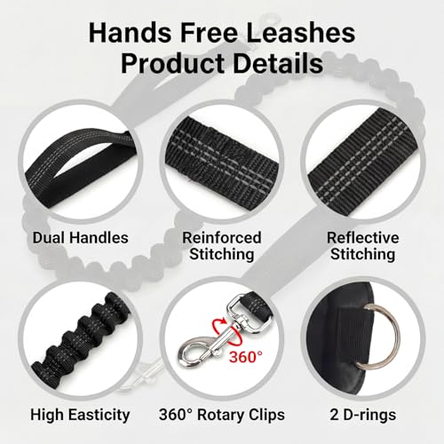 Hands Free Dog Leash 3 Zipper Pounchs with Reflective Strips Poop Bag Dispenser,Waterproof Dog Walking Belt,Dual Handles and Durable Bungee,Waist Leash for Dog Walking,Jogging and Running - color: Black